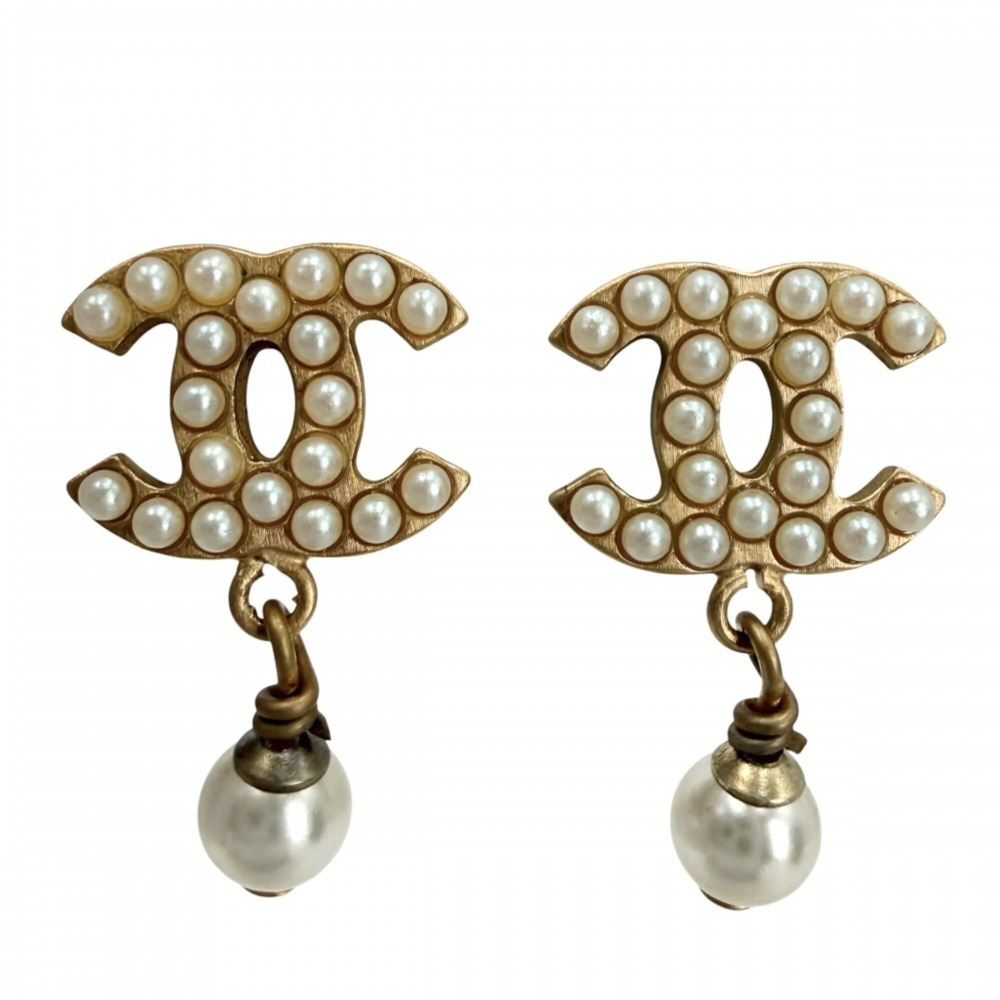 CHANEL Gold Pearl Logo Earrings